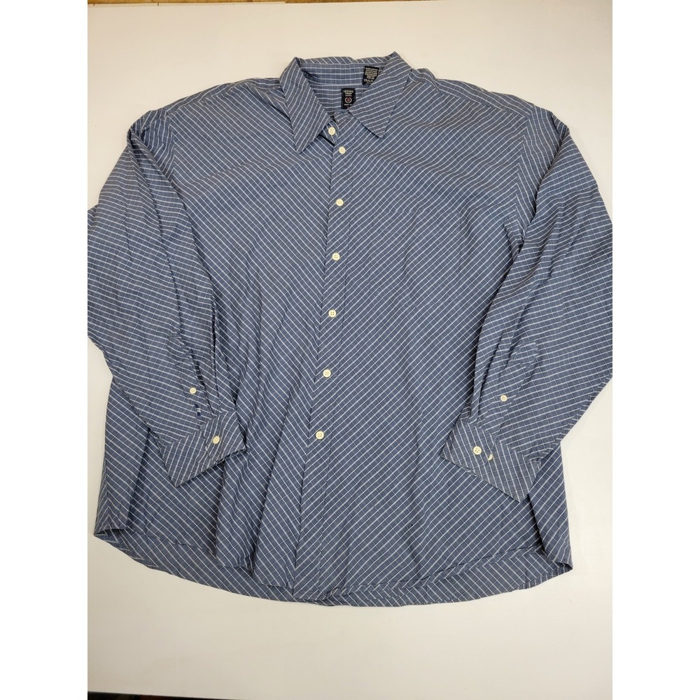 IZOD Indigo Prep Mens XXL Blue Windowpane Plaid Button Front Shirt Cotton
